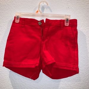 red jean shorts